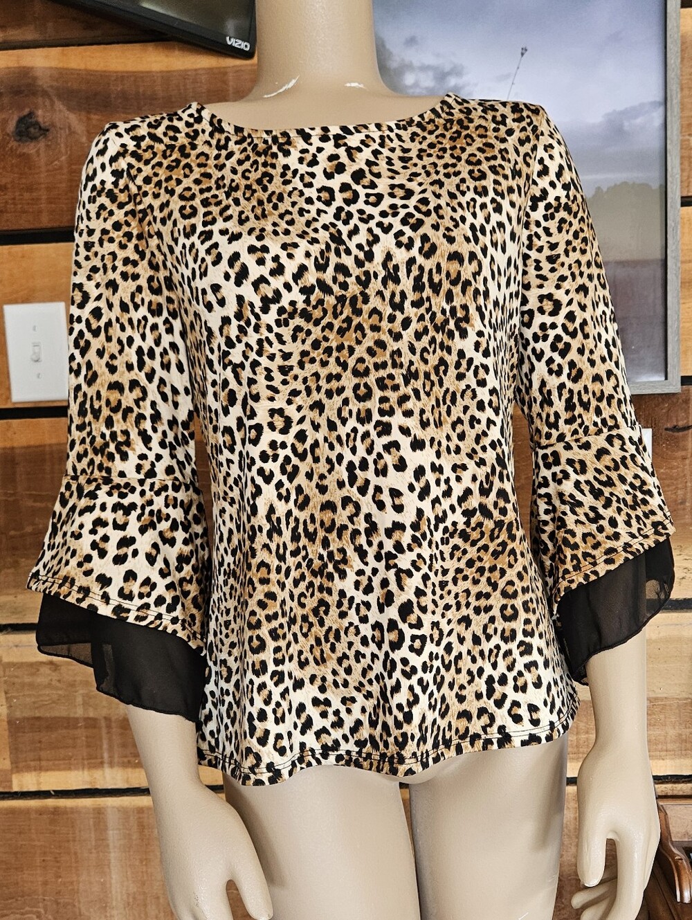 Another Reason Leopard Print Bell Sleeve Blouse Beige Black S Y2k Phoebe Buffay